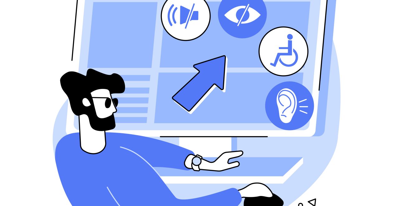 illustrazione di un uomo, probabilmente non vedente, davanti a uno schermo che riporta icone con occhio, orecchio, sedia a rotelle