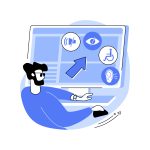 illustrazione di un uomo, probabilmente non vedente, davanti a uno schermo che riporta icone con occhio, orecchio, sedia a rotelle