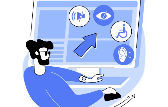 illustrazione di un uomo, probabilmente non vedente, davanti a uno schermo che riporta icone con occhio, orecchio, sedia a rotelle