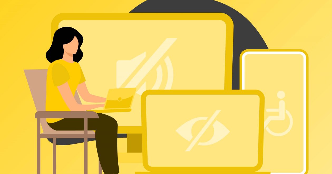 illustrazione che riporta vari device e una donna che lavora al pc